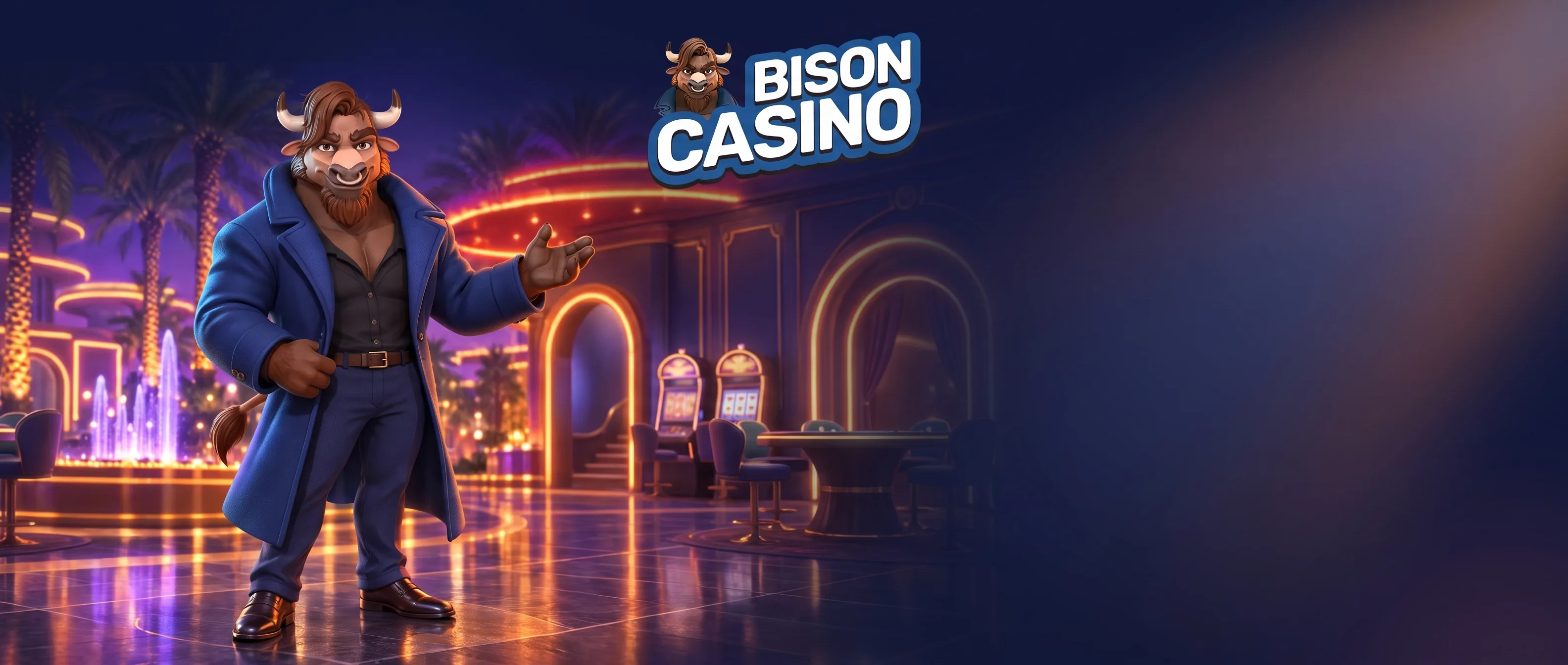 Bizon Bison Casino w granatowym garniturze na tle kasyna